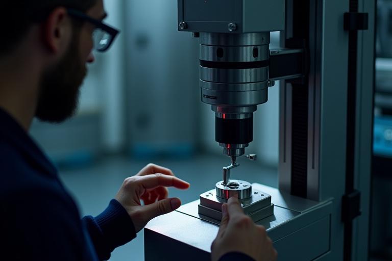 Engineer operating a Universal Testing Machine (UTM) on a metal component to measure mechanical properties