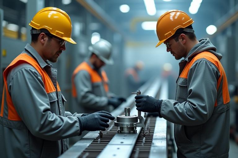 Technicians performing checks on metal components during the manufacturing process, symbolizing in-process control