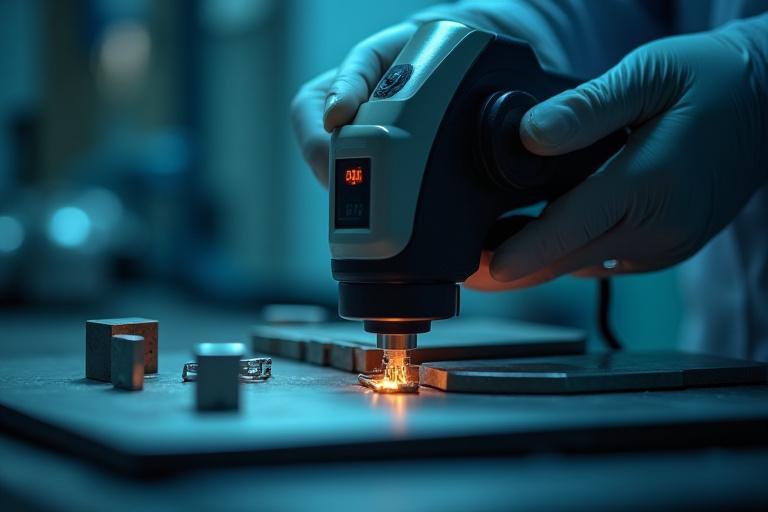 Scientist using a spectrometer for chemical analysis of raw metal alloys