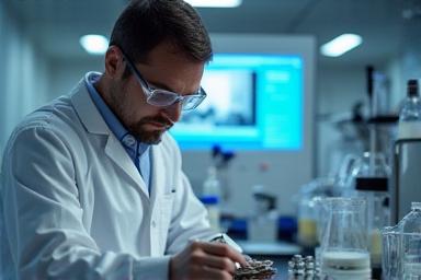 Scientist working with metal samples in a lab, demonstrating alloy development.