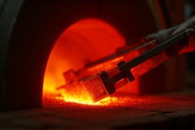 Red-hot metal component being carefully removed from a heat treatment furnace.