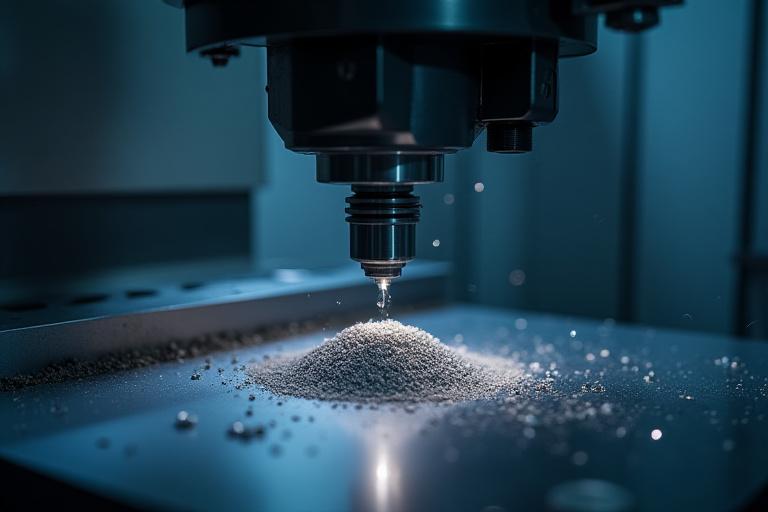 Close-up view of a high-precision CNC milling machine at work, with metal shavings.